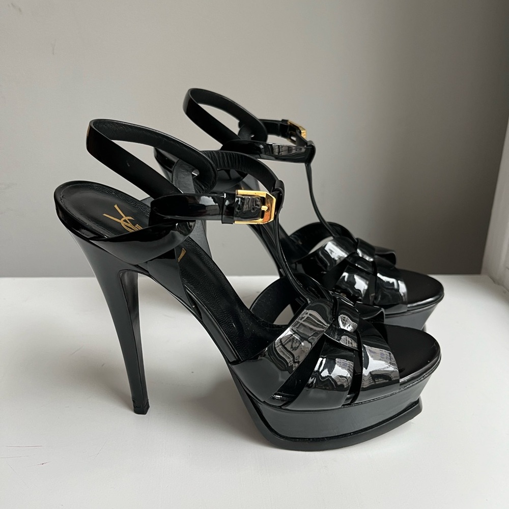 Saint Laurent Tribute High Heel Patent Leather Sandal in Black, Size 38.5
